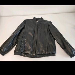 Vintage Womens Black Leather Jacket Bomber Full Zip Elastic Waist Size 13/14